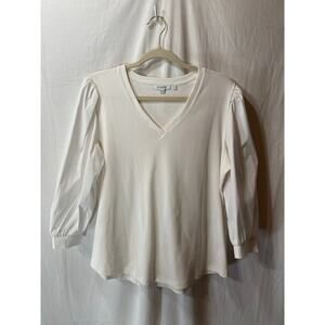 Chicos White Puff Sleeve V-Neck Ribbed Cotton Blend Top Large Regency Feminine